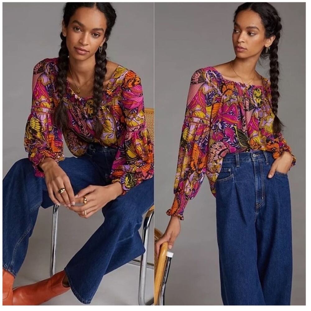 NEW Anthropologie‎ x Alexandra Farmer Puff Sleeve Butterfly Blouse S
